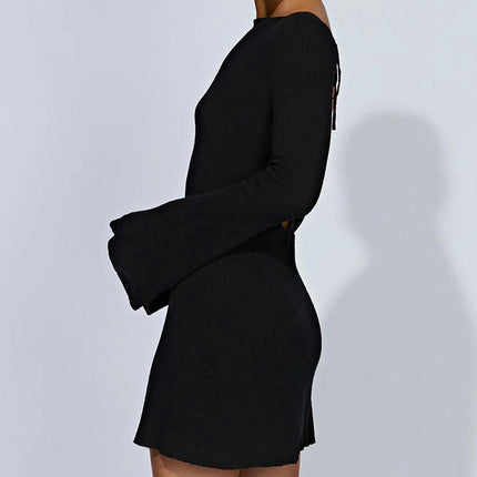 Knit Bodycon Mini Dress for Women Crew Neck Long Flare Sleeve Sexy Backless Dresses