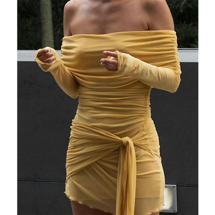 Women Sexy Off Shoulder Long Sleeve Mini Dress Bodycon Tie Party Ruched Dress