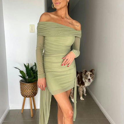 Women Sexy Off Shoulder Long Sleeve Mini Dress Bodycon Tie Party Ruched Dress