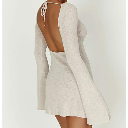 Womens Knit Bodycon Mini Dress Boat Neck Long Flare Sleeve Sexy Backless Dresses