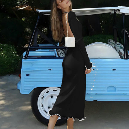 Women's Long Flare Sleeve Bodycon Maxi Dress Elegant Fitted Boat Neck Backless Dresses
