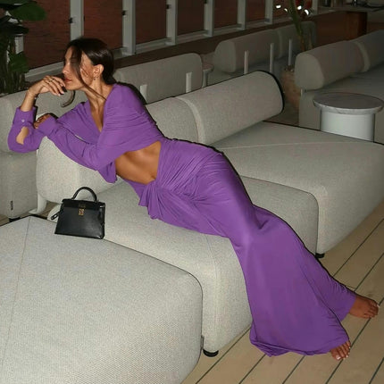 Women Bodycon Maxi Dress Sexy Long Sleeve V Neck Twist Front Ruched Cut Out Long Dresses