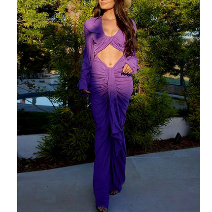 Women Bodycon Maxi Dress Sexy Long Sleeve V Neck Twist Front Ruched Cut Out Long Dresses