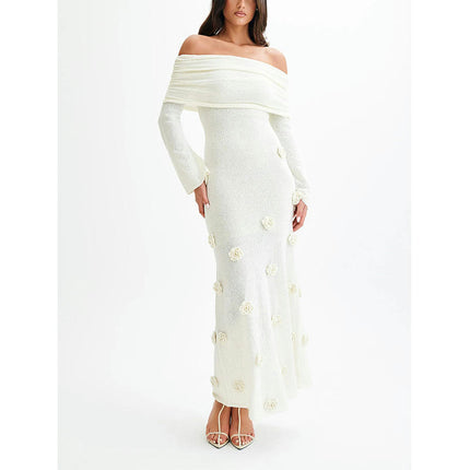 Women's Knit Off Shoulder Maxi Dress Sexy Long Sleeve Bodycon 3D Floral Party Dresses