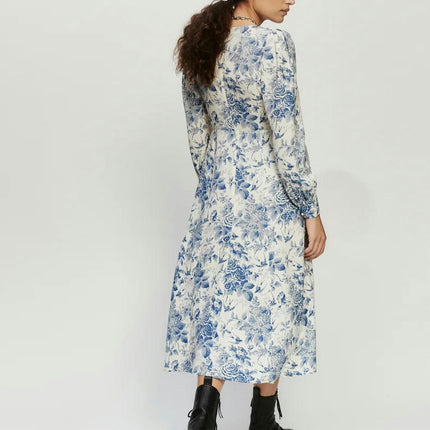 Women's Long Sleeve Boho Midi Dress V Neck Floral Print Casual Split Beach Long Dress