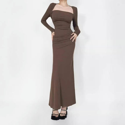 Women's Long Sleeve Long Dresses Sexy Square Neck Bodycon Maxi Long Dress
