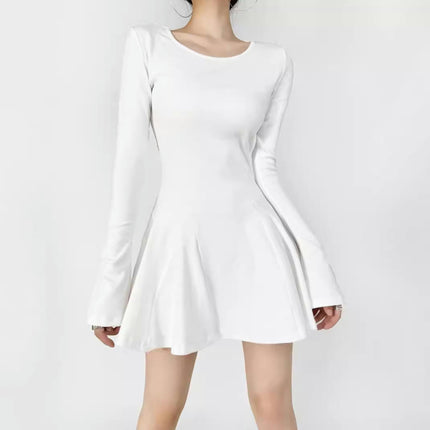 Womens Casual Dresses Long Sleeve Crew Neck Ruffle A Line Swing Mini Dress