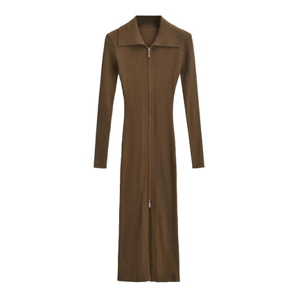 Women Long Sleeve Ribbed Knit Dress Lapel Neck Zipper Bodycon Long Dress