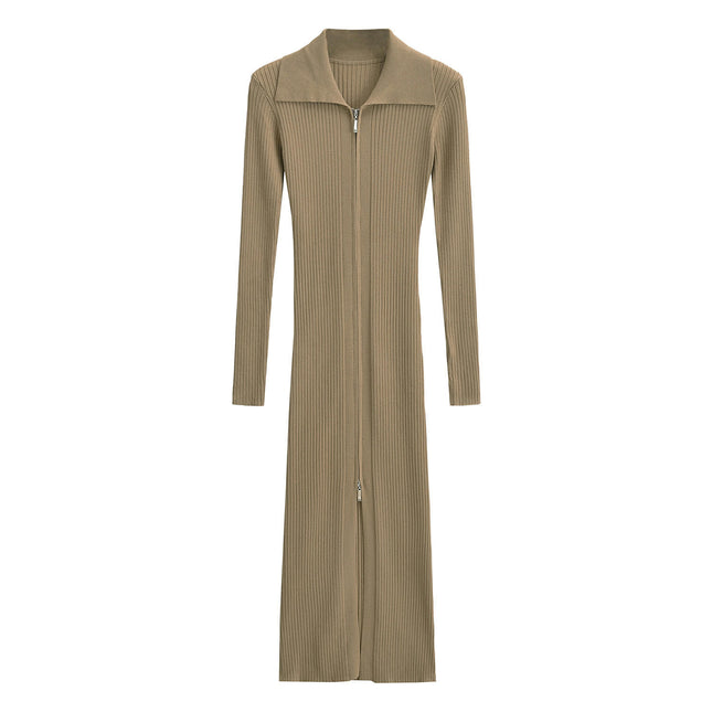 Women Long Sleeve Ribbed Knit Dress Lapel Neck Zipper Bodycon Long Dress