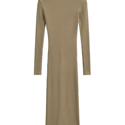 Women Long Sleeve Ribbed Knit Dress Lapel Neck Zipper Bodycon Long Dress