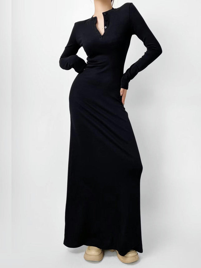 Women's Sexy Button Crew Neck Long Sleeve Casual Long Dress Bodycon Maxi Dresses