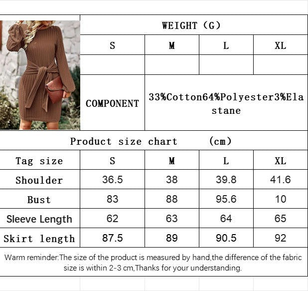 Women's Casual Long Sleeve Tie Waist Bodycon Dress Crew Neck Fitted Dresses
