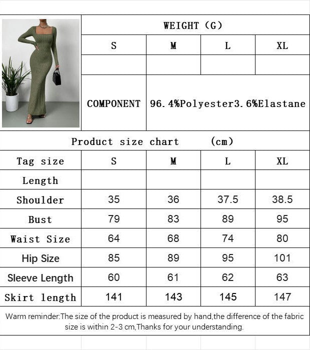 Women's Ribbed Long Sleeve Sweater Dress Square Neck Slim Fit Knitted Maxi Dress