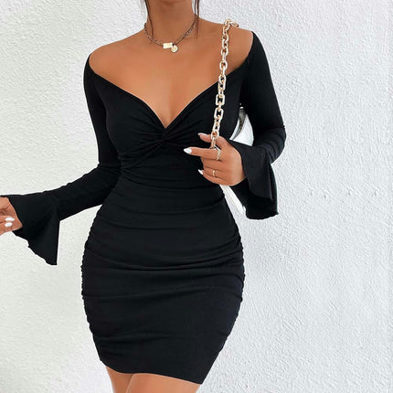 Womens Twist Front Deep V Neck Short Dresses Long Sleeve Ruched Bodycon Mini Dress