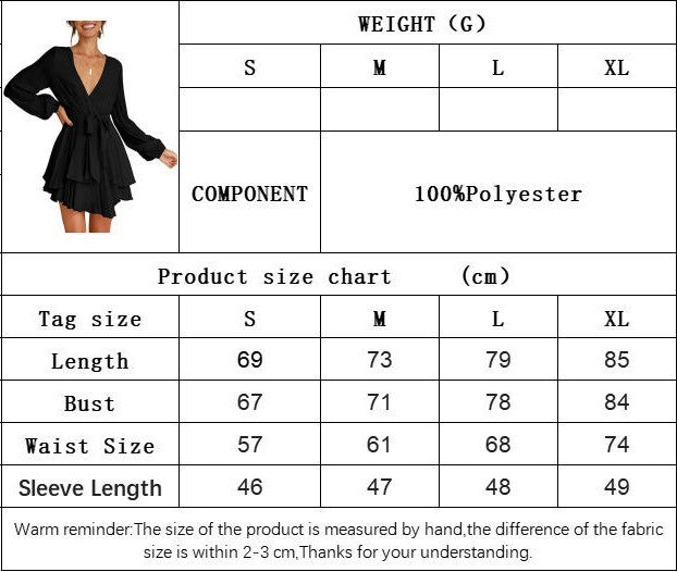 Women Long Sleeve Deep V Neck Mini Dress Tie Waisted A-line Layered Ruffled Dress