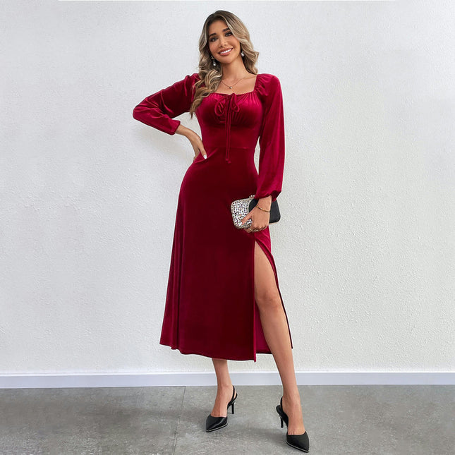 Women's Velvet Long Sleeved Dresses Square Neck Split Hem Cocktail Party Midi Dress