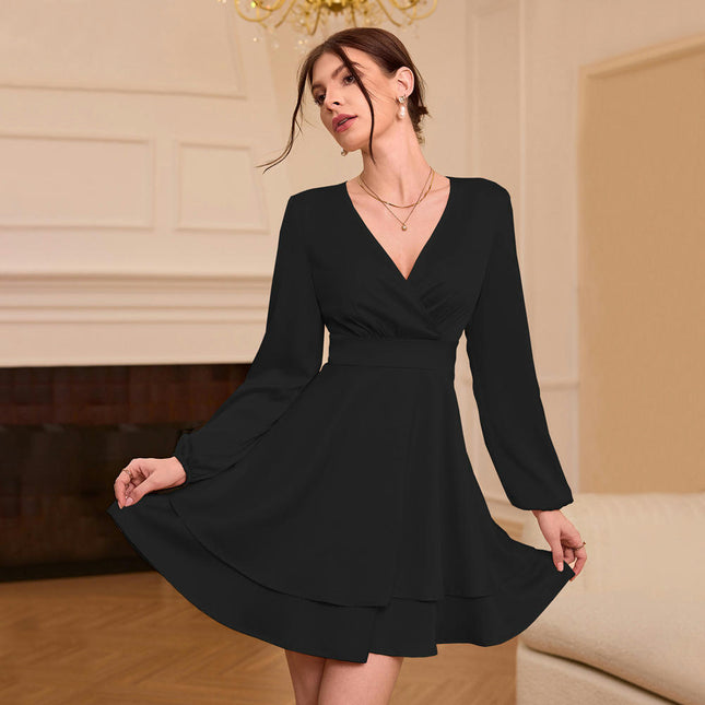 Women's V Neck Long Sleeve High Waist Mini Dresses Ruffle Swing Short Dress
