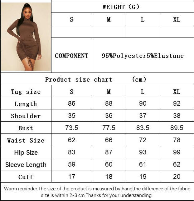 Women's Long Sleeve Mock Neck Ruched Drawstring Bodycon Mini Dress Party Club Short Dress