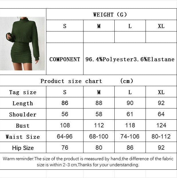 Women's Pullover Sweater Dress Long Lantern Sleeve Turtle Neck Ribbed Knit Bodycon Mini Dress