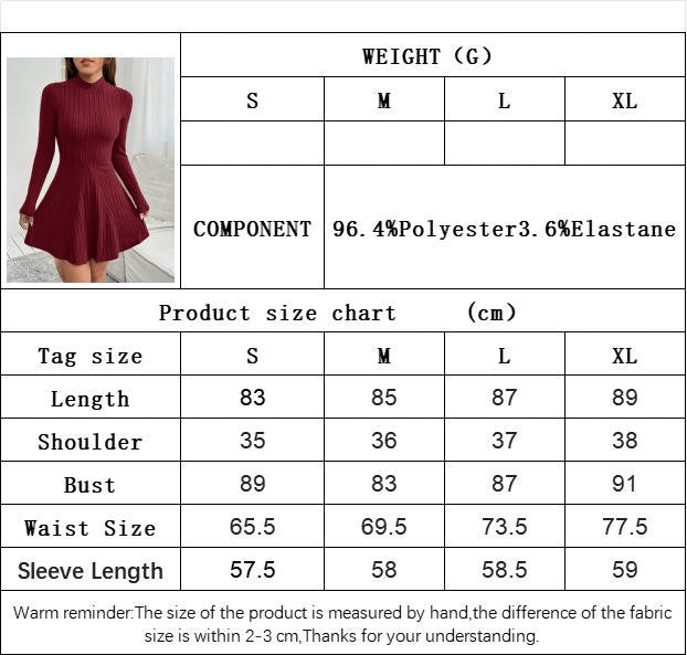 Women's Casual Mini Dress Mock Neck Fall Ribbed Long Sleeve A Line Flowy Sweater Dress