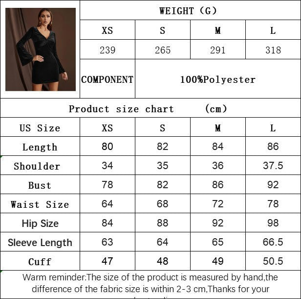 Women's Velvet Dress Twist Front V-Neck Flared Long Sleeves Bodycon Cocktail Mini Dresses