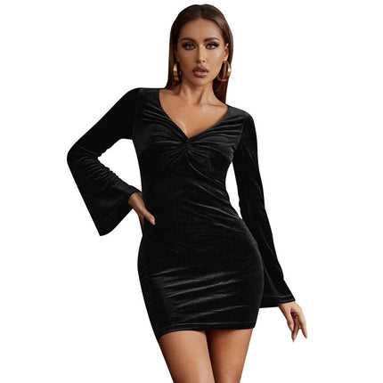 Women's Velvet Dress Twist Front V-Neck Flared Long Sleeves Bodycon Cocktail Mini Dresses