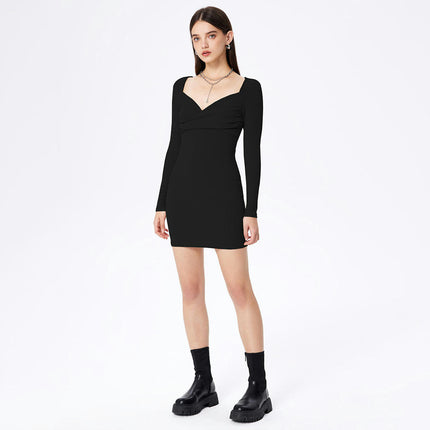 Women Long Sleeves Sexy Ruched Bodycon Mini Dress Sweetheart Neck Short Ribbed knit Dress