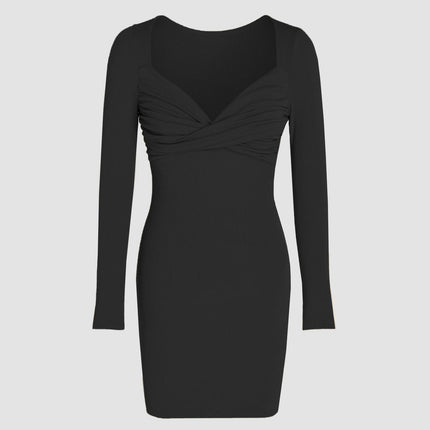 Women Long Sleeves Sexy Ruched Bodycon Mini Dress Sweetheart Neck Short Ribbed knit Dress