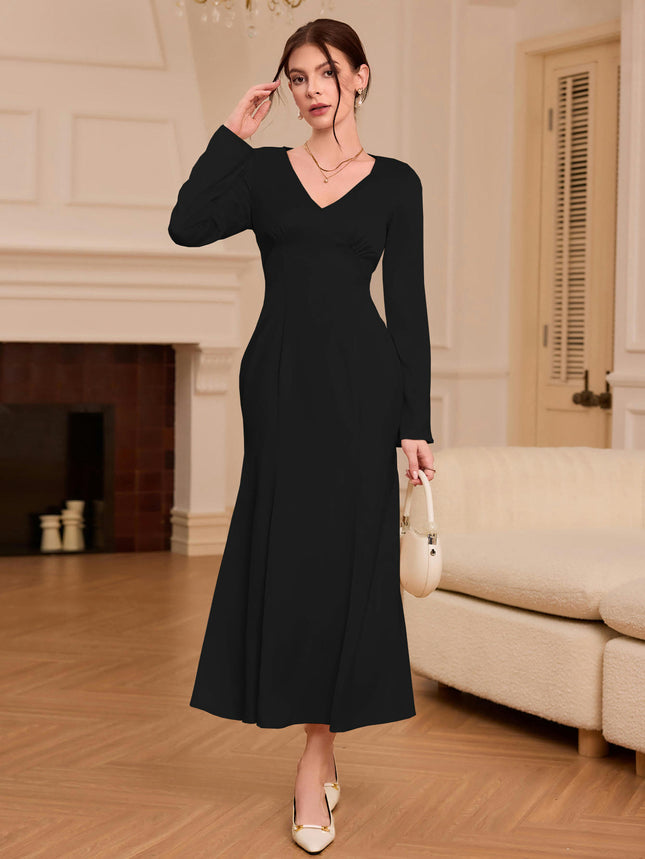 Women's Satin Long Sleeve V-Neck Maxi Dress Formal Cocktail Wedding Guest Dresses