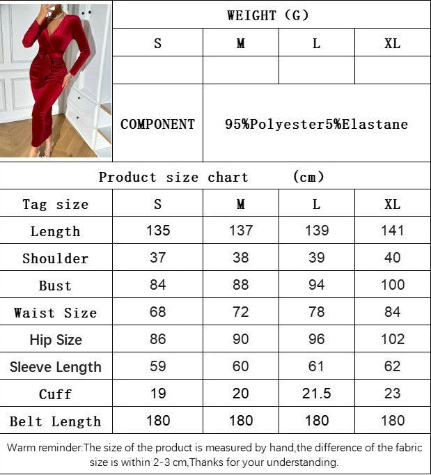 Womens Velvet Maxi Dress Elegant Long Sleeve V Neck Tie Waist Bodycon Cocktail Party Dress