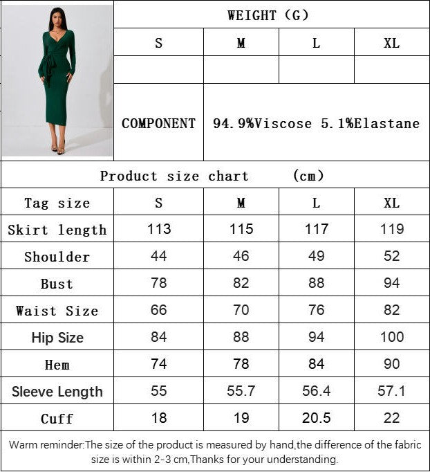 Women's Bodycon Midi Dresses Deep V Neck Tie Waist Fitted Casual Long Sleeve Dress