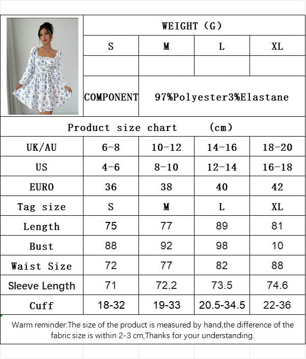 Women's Puff Long Sleeve Floral Mini Dress Tie Back Square Neck A-Line Short Sundress