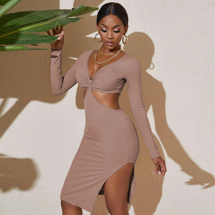 Women Sexy Long Sleeve Deep V Neck Cutout Ruched Bodycon Split Midi Party Dress