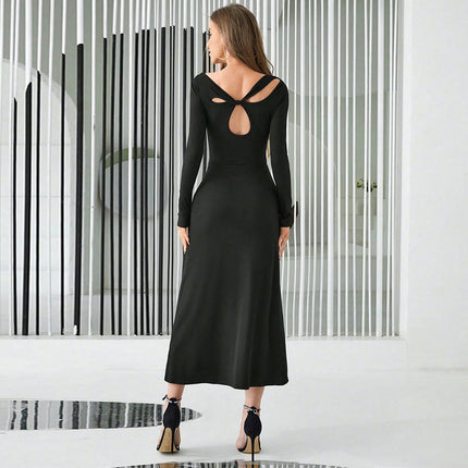 Women's Fall Long Sleeve Square Neck Dress Cutout Knit Party Club Bodycon Maxi Dresses