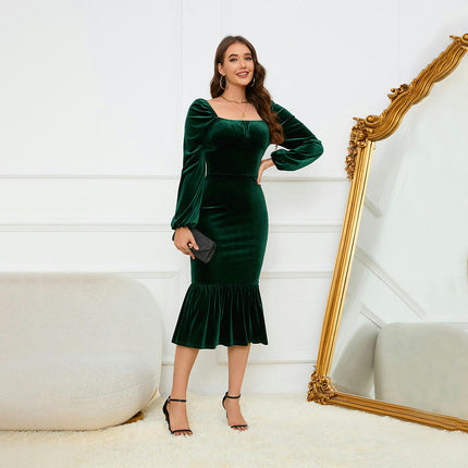 Women's Square Neck Midi Dress Long Sleeve Ruffled Bodycon Velvet Midi Cocktail Party Dresses