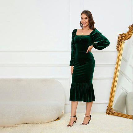 Women's Square Neck Midi Dress Long Sleeve Ruffled Bodycon Velvet Midi Cocktail Party Dresses