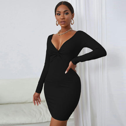 Women's Deep V Neck Twist Front Short Dress Long Sleeve Bodycon Mini Dress