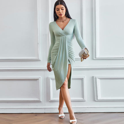 Women's Long Sleeve Bodycon Midi Dress Casual V Neck Ruched Split Cocktail Party Dress