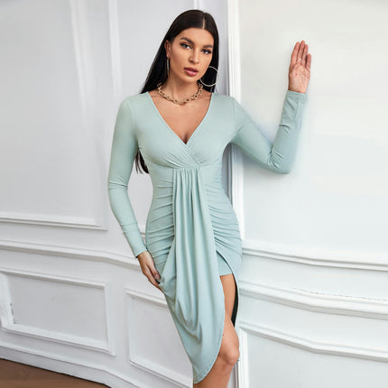 Women's Long Sleeve Bodycon Midi Dress Casual V Neck Ruched Split Cocktail Party Dress
