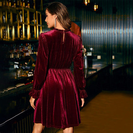 Womens Long Sleeve Velvet Mini Dresses Mock Neck A Line Swing Cocktail Party Dress