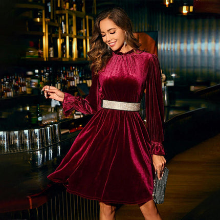 Womens Long Sleeve Velvet Mini Dresses Mock Neck A Line Swing Cocktail Party Dress