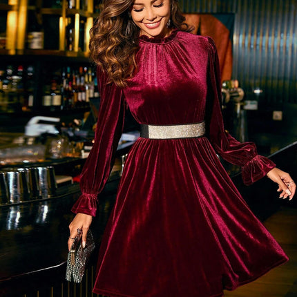 Womens Long Sleeve Velvet Mini Dresses Mock Neck A Line Swing Cocktail Party Dress