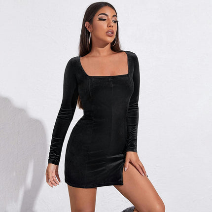 Womens Sexy Velvet Long Sleeve Square Neck Bodycon Split Elegant Mini Party Dress