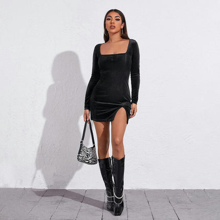Womens Sexy Velvet Long Sleeve Square Neck Bodycon Split Elegant Mini Party Dress