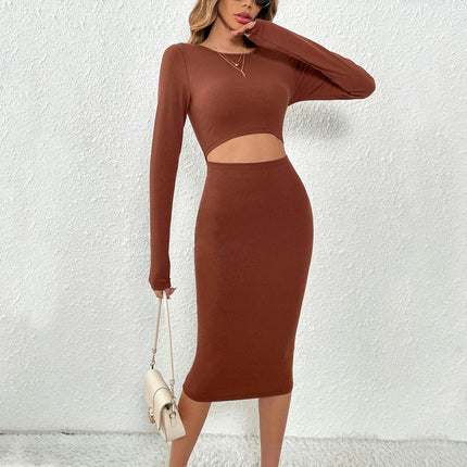 Women's Long Sleeve Midi Bodycon Dresses Casual Crewneck Cut Out Fitted Dress