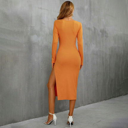 Women's Midi Dress Long Sleeve Ruched V Neck Drawstring Cut Out Slit Knit Bodycon Dresses