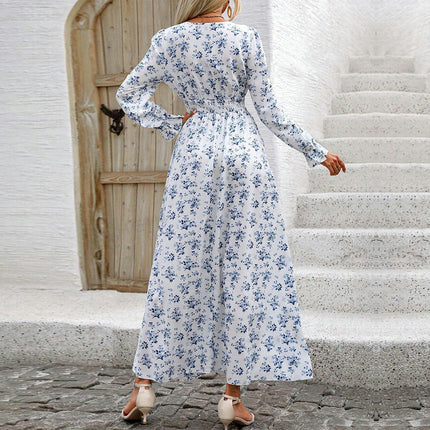 Women's Casual Long Sleeve Maxi Dress Boho V Neck Smocked Waist Floral Flowy Long Dresses