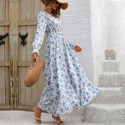 Women's Casual Long Sleeve Maxi Dress Boho V Neck Smocked Waist Floral Flowy Long Dresses