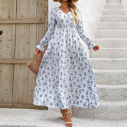 Women's Casual Long Sleeve Maxi Dress Boho V Neck Smocked Waist Floral Flowy Long Dresses