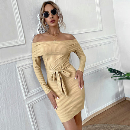 Women's Sexy Off Shoulder Long Sleeve Mini Dress Tie Waist Bodycon Party Dress